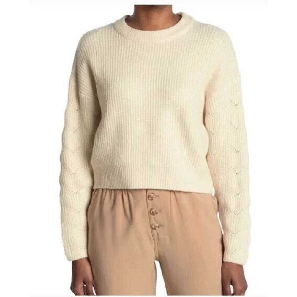 Elodie Women's Pointelle Sleeve Crew Neck Rib Knit Sweater in Ivory Large $49